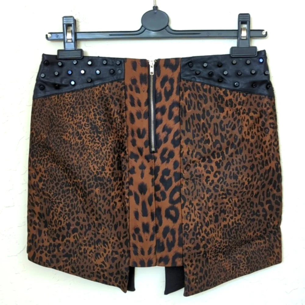english rose Animal Print Faux Leather Metal Stud Asymmetrical Mini Skirt Small